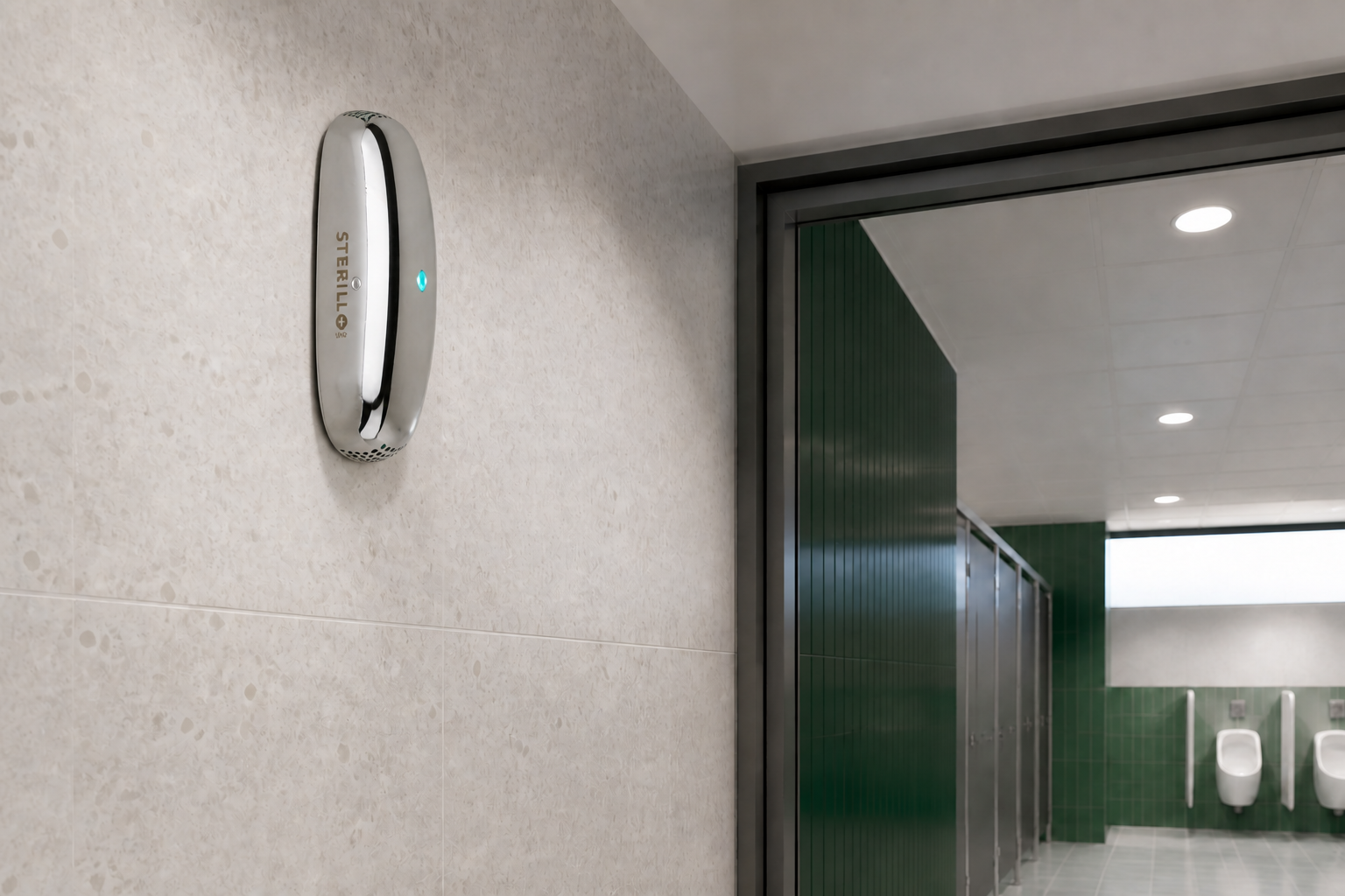 Sterillo Uno mounted separately at high level near an education washroom entrance