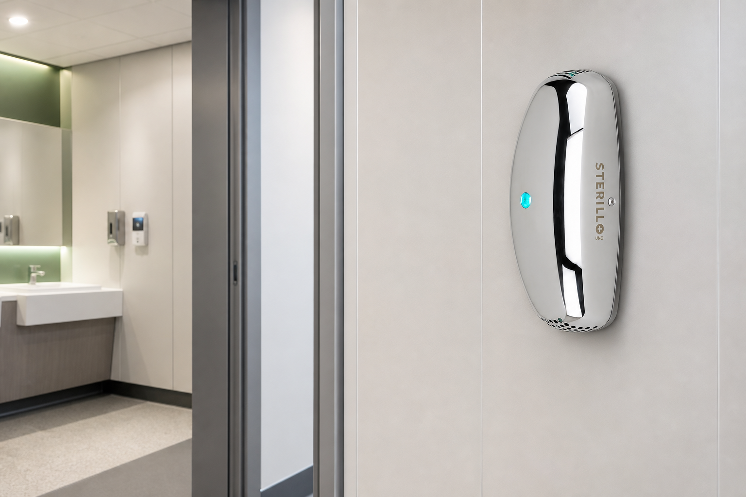 Sterillo Uno installed separately on a healthcare washroom entrance wall