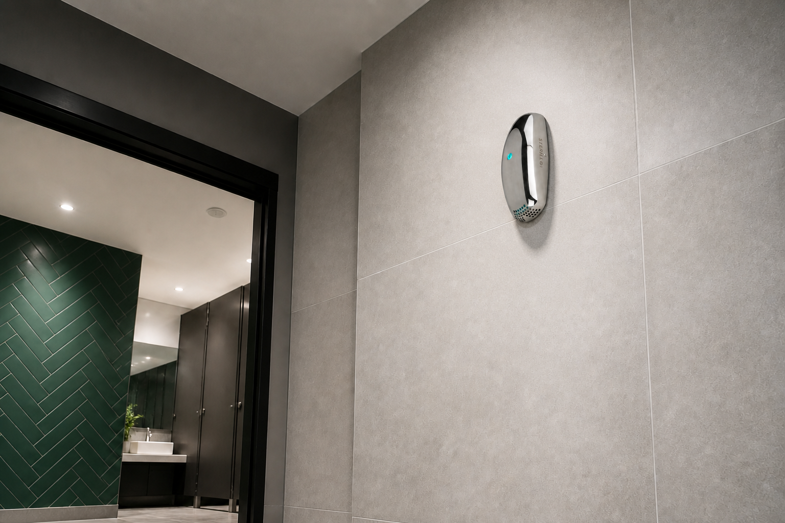 Sterillo Uno mounted at high level in a hospitality washroom